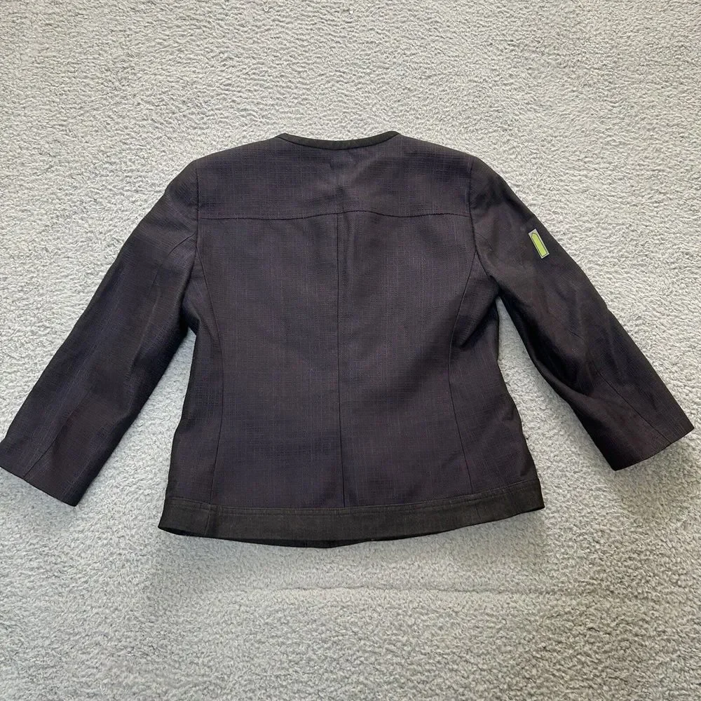Tahari Jacket Womens 6 Navy Blue 3/4 Sleeves Tweed Blazer Snap Button Collarless